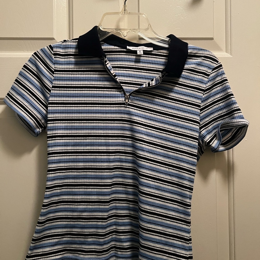 Purple Snow Navy and White Striped Short Sleeve Top